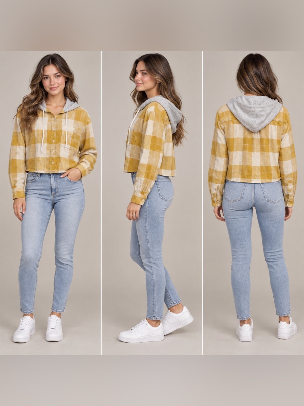 American Eagle Hooded Plaid Flannel Shirt Women Small Mustard Yellow Cropped